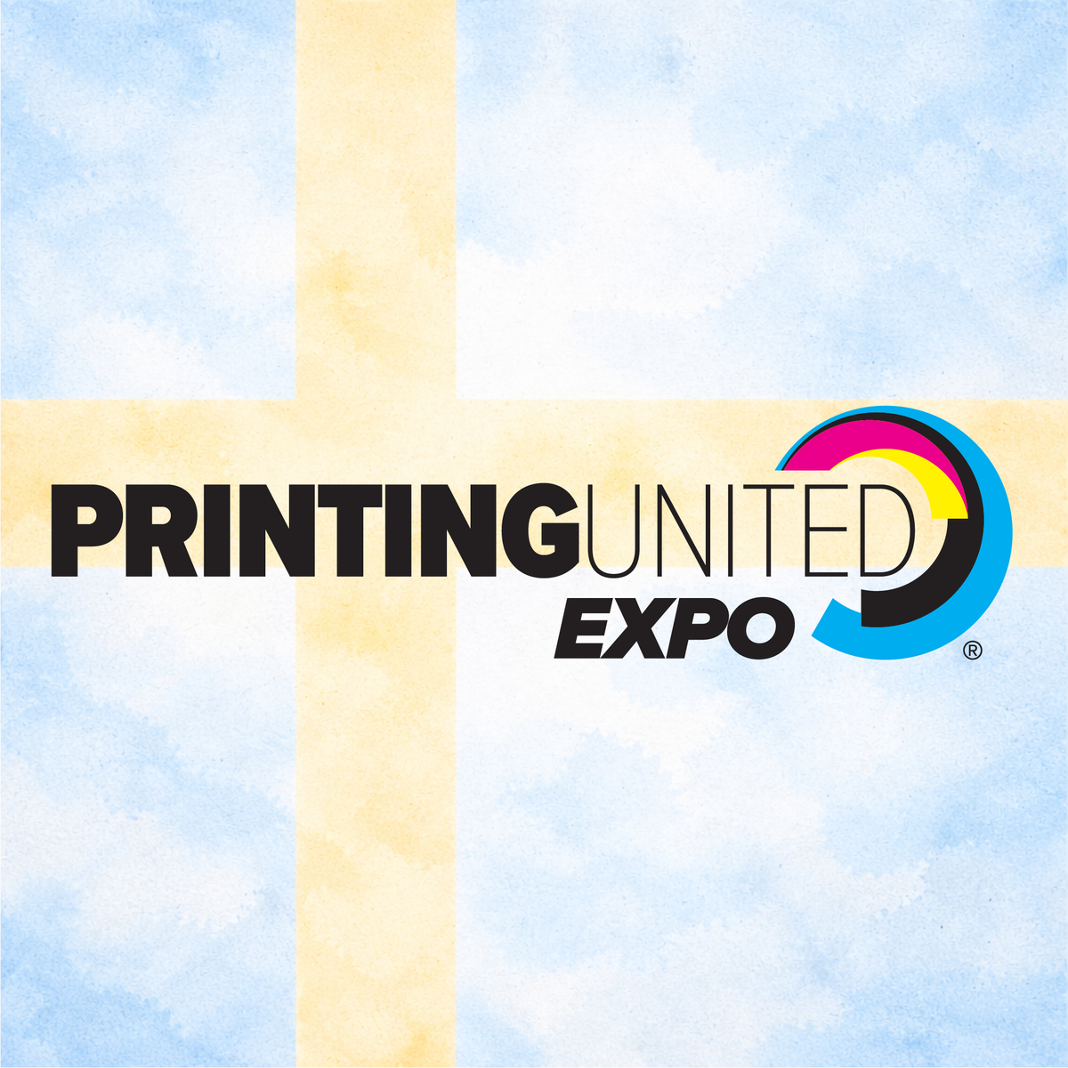 2026 Printing United Expo logo on Swedish flag inspired blue and yellow background