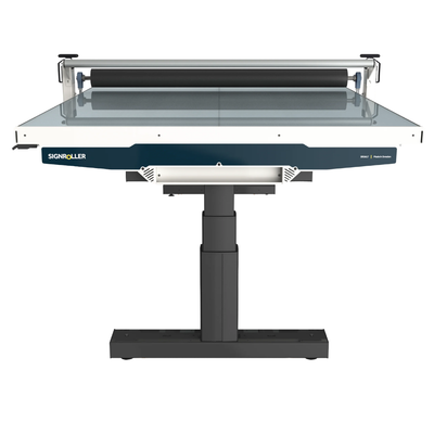 SIGNROLLER 3617 flatbed application table at maximum height position for ergonomic operation